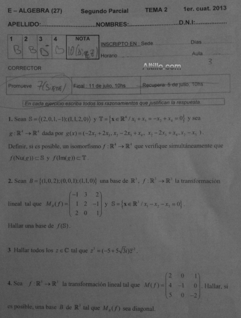 2º Parcial B - Algebra (2013) - CBC - UBA